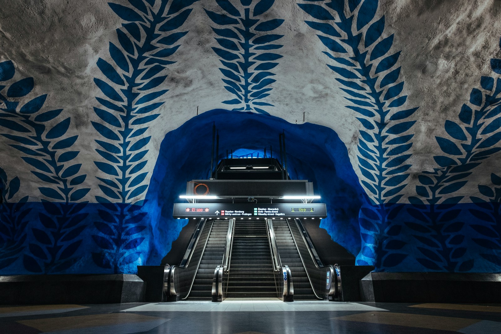 blue and white foliage building interior with escalator
